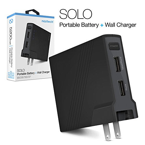 Naztech SOLO 5200mAh Portable Charger + Dual USB Wall Charger, Foldable Prongs, IntelliQ Smart Chip Technology, High-Speed Charger Compatible for iPhone, iPad,Android, Samsung Galaxy and Other Devices