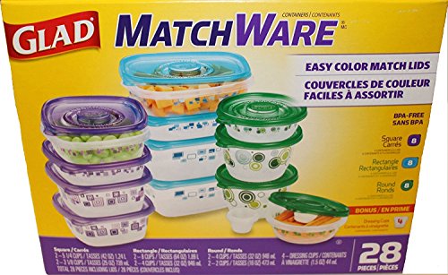 GladWare Glad matchware Food Storage containers Variety Pack Including Easy Color Match lids Plus 4 Dressing Cups as a Bonus, 28 Total Pieces