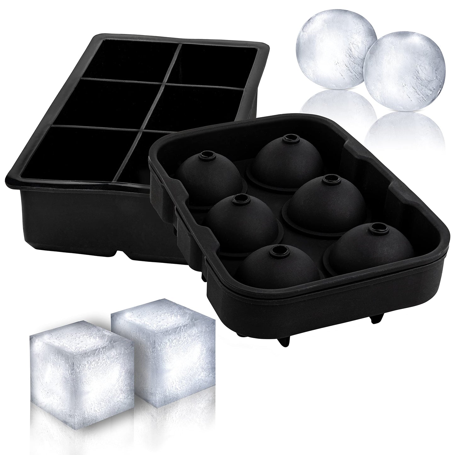 Ice Cube Trays Silicone (Set of 2) Whiskey Ice Ball Mold, Large Ice Ball Maker Mold, Round Ice Cube Mold, Sphere Ice Cube Mold, Square Large Ice Cube Tray for Cocktails & Bourbon Easy Release BPA Free