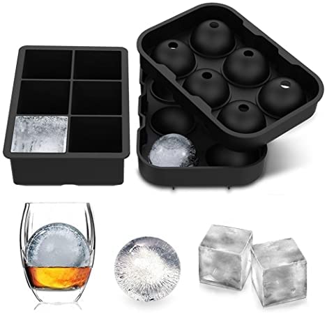 Set of 2 Round and Square Silicone Ice Cube Tray with Lid - Silicone Trays for Freezer, Ball & Square Ice Cube Mold for Cocktail & Bourbon - BPA Free