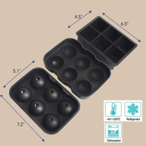 Set of 2 Round and Square Silicone Ice Cube Tray with Lid - Silicone Trays for Freezer, Ball & Square Ice Cube Mold for Cocktail & Bourbon - BPA Free