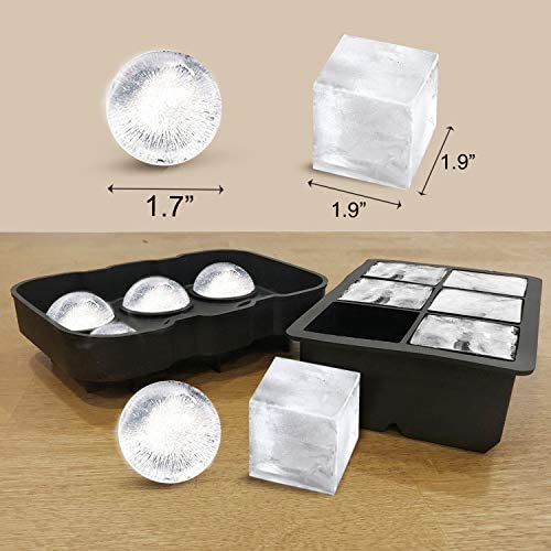 Set of 2 Round and Square Silicone Ice Cube Tray with Lid - Silicone Trays for Freezer, Ball & Square Ice Cube Mold for Cocktail & Bourbon - BPA Free