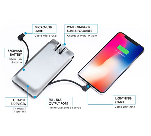 PhoneSuit | Apple Charger & Power Bank | All-in-One Portable Charger | Cell Phone Battery Backup | Built-in Wall Plug AC Adapter, Lightning & Micro USB Cables | USB Ports | 5600 mAh | iPhone, Samsung