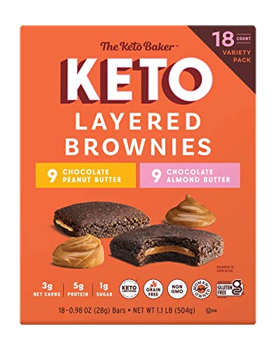 The KETO Baker – Keto Layered Brownies, Grain & Gluten Free, Chocolate Almond and Peanut Butter, Non-GMO, Variety Pack – 18 Count (9 Almond Butter & 9 Peanut Butter)