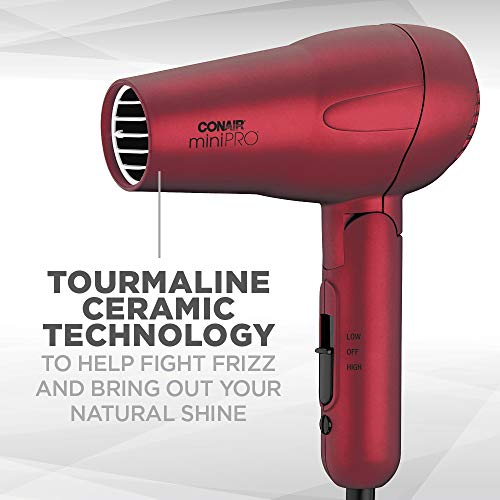 Conair miniPRO Tourmaline Ceramic Travel Hair Dryer with Folding Handle, Red