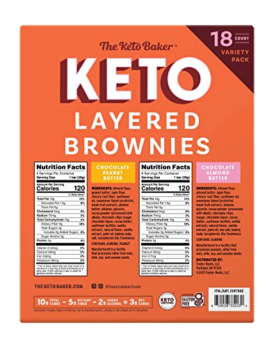 The KETO Baker – Keto Layered Brownies, Grain & Gluten Free, Chocolate Almond and Peanut Butter, Non-GMO, Variety Pack – 18 Count (9 Almond Butter & 9 Peanut Butter)
