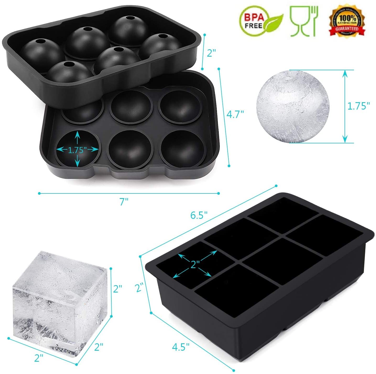 Set of 2 Round and Square Silicone Ice Cube Tray with Lid - Silicone Trays for Freezer, Ball & Square Ice Cube Mold for Cocktail & Bourbon - BPA Free