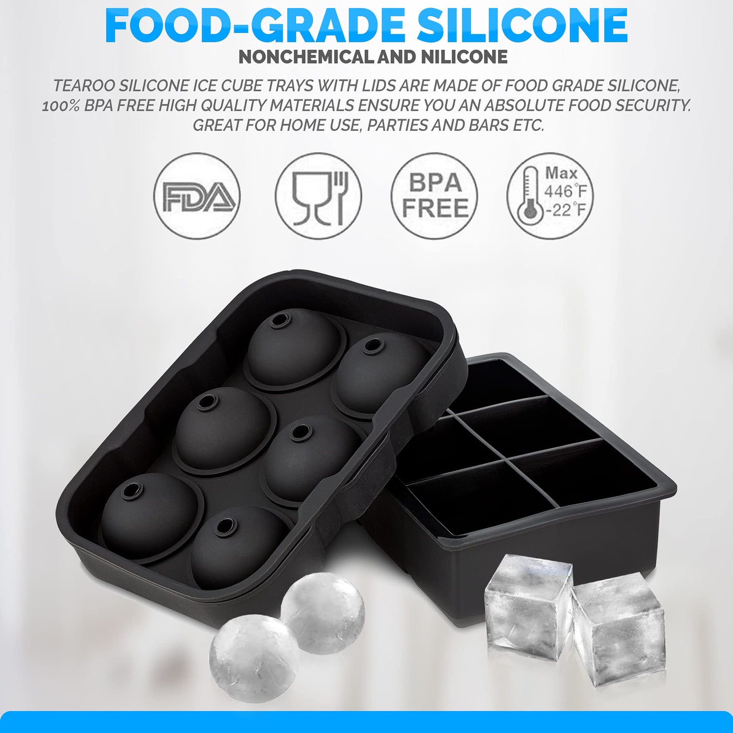 Ice Cube Trays Silicone (Set of 2) Whiskey Ice Ball Mold, Large Ice Ball Maker Mold, Round Ice Cube Mold, Sphere Ice Cube Mold, Square Large Ice Cube Tray for Cocktails & Bourbon Easy Release BPA Free