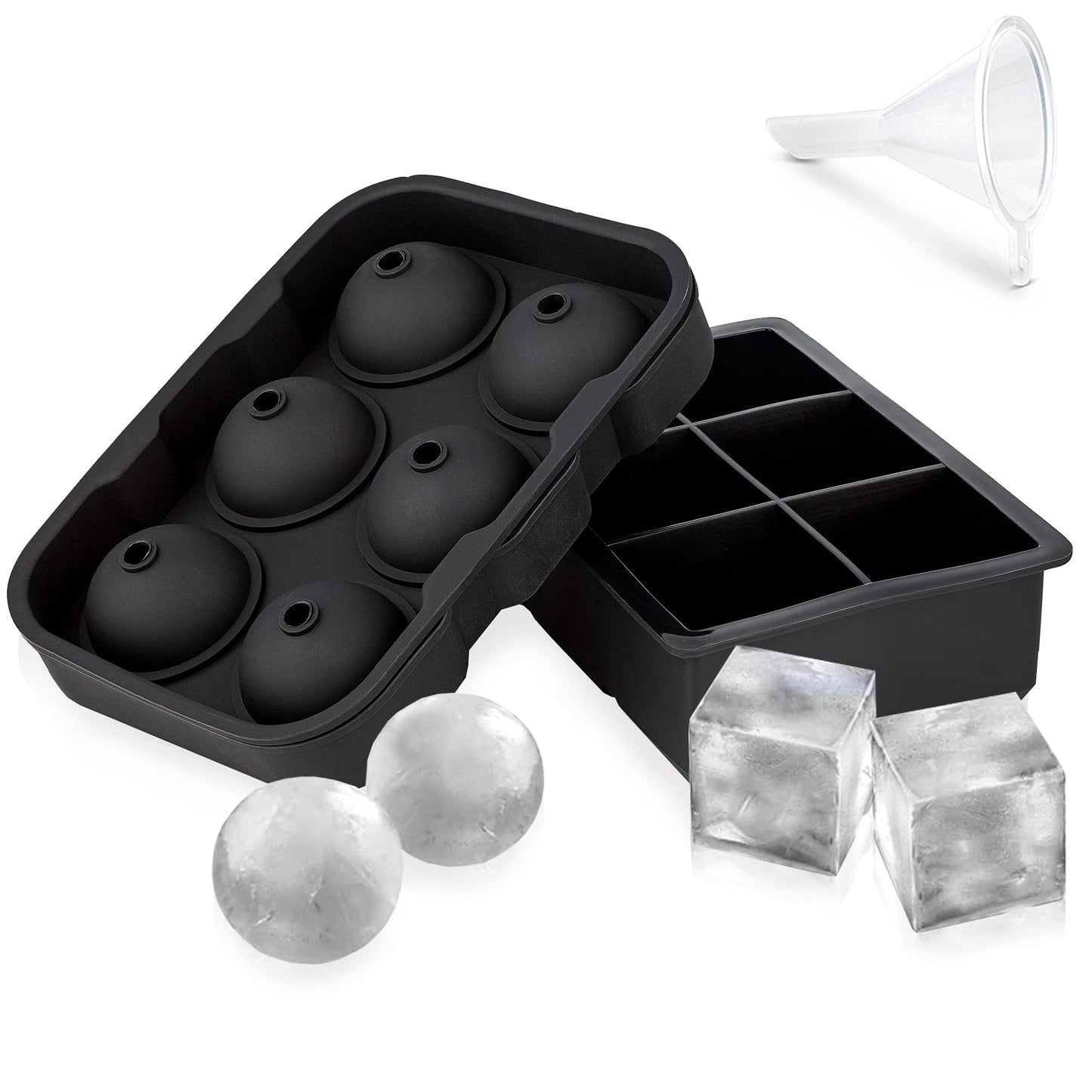 Ice Cube Trays Silicone (Set of 2) Whiskey Ice Ball Mold, Large Ice Ball Maker Mold, Round Ice Cube Mold, Sphere Ice Cube Mold, Square Large Ice Cube Tray for Cocktails & Bourbon Easy Release BPA Free