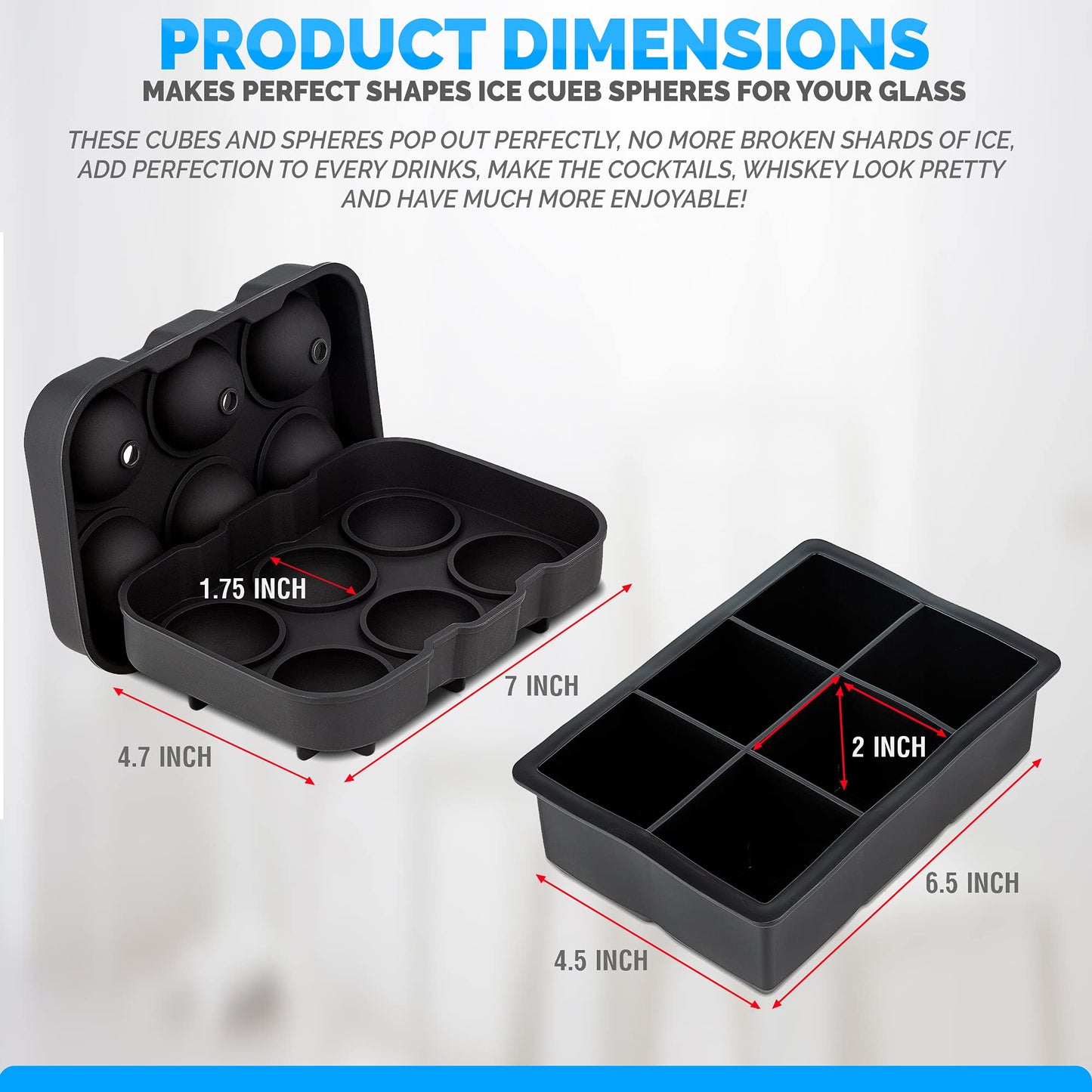 Ice Cube Trays Silicone (Set of 2) Whiskey Ice Ball Mold, Large Ice Ball Maker Mold, Round Ice Cube Mold, Sphere Ice Cube Mold, Square Large Ice Cube Tray for Cocktails & Bourbon Easy Release BPA Free