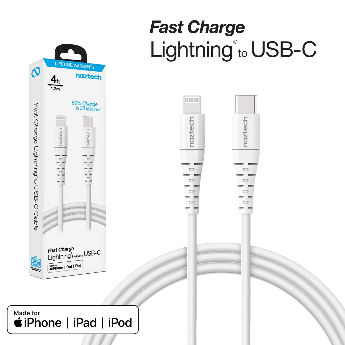 USB-C PD to Lightning Charger Cable [4ft Apple MFi Certified] Naztech Power Delivery Fast Charging & Data Transfer Rounded Cable, Compatible for iPhone 14/13/12/Pro Max/Pro, iPads & More [White] 14138