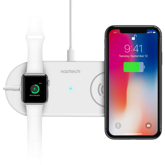 Naztech Power Pad Duo 2-in-1 Desktop Wireless Charging Pad + iWatch Compatible for iPhone 14/13/12/Pro/ProMax, Galaxy S23/S22/S21 & More [White] 14602