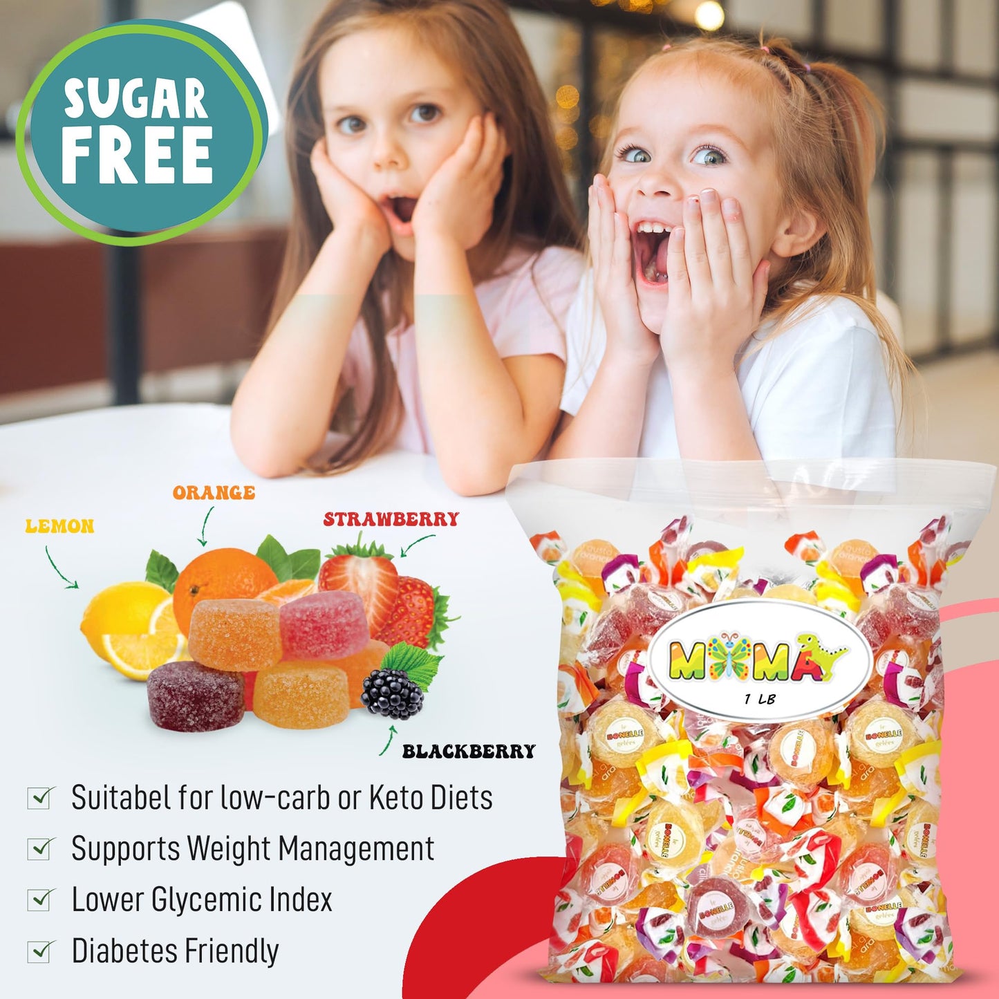 B0nelle Sugar-Free Italian Fruit Jelly Candy - 1 lb Assorted Individually Wrapped Jelly Fruit Candy - Delicious Easter Treats for Gifting & Sharing