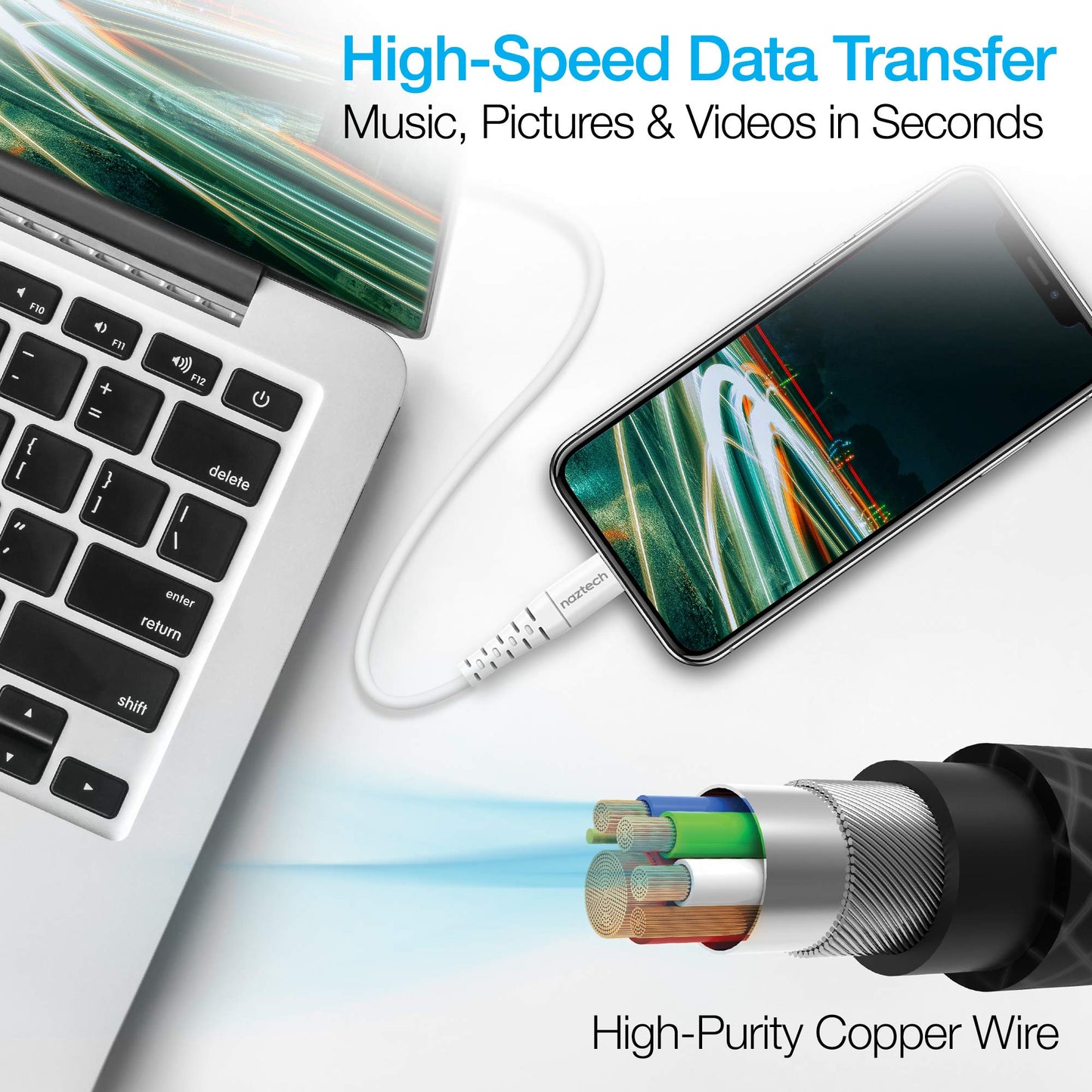 USB-C PD to Lightning Charger Cable [4ft Apple MFi Certified] Naztech Power Delivery Fast Charging & Data Transfer Rounded Cable, Compatible for iPhone 14/13/12/Pro Max/Pro, iPads & More [White] 14138