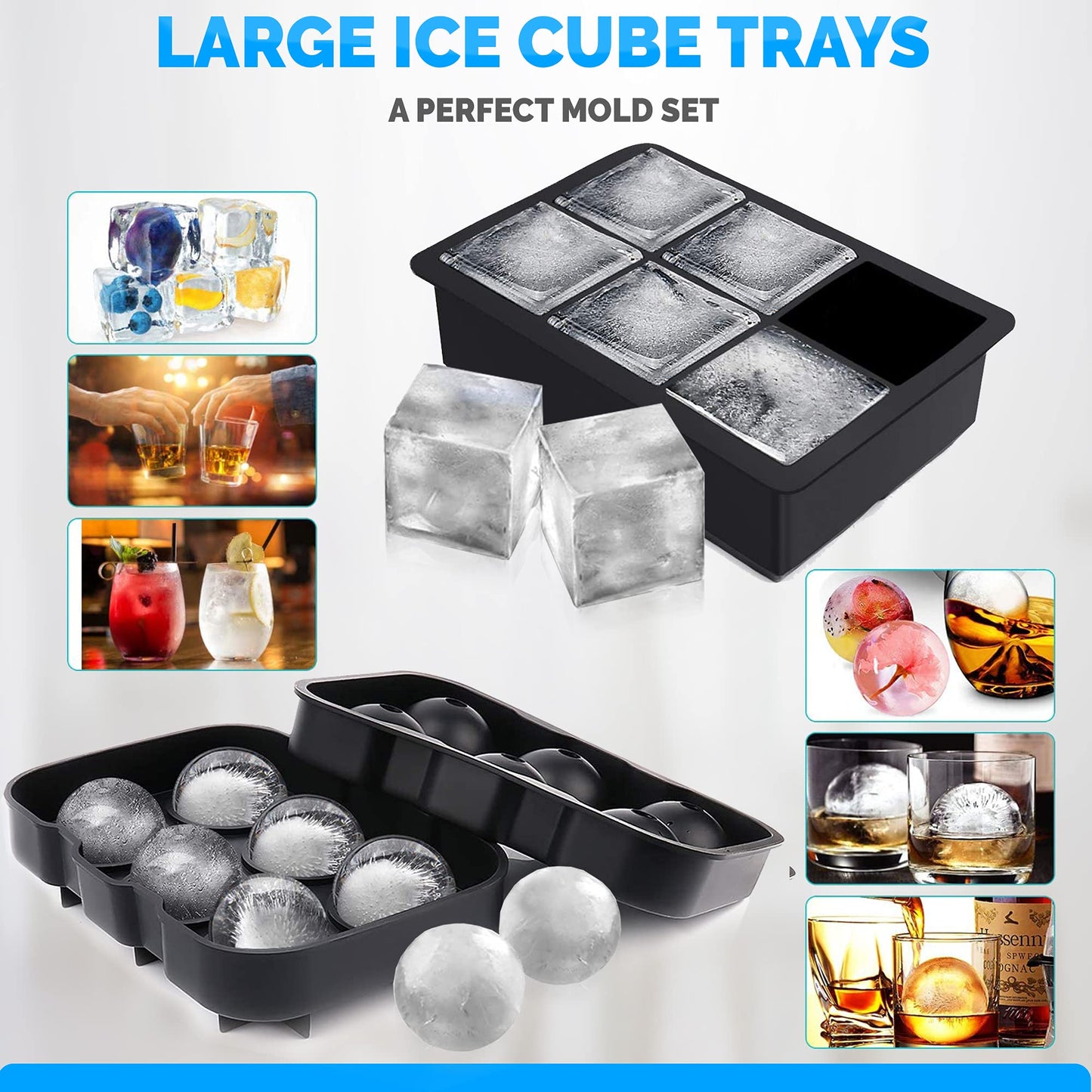 Ice Cube Trays Silicone (Set of 2) Whiskey Ice Ball Mold, Large Ice Ball Maker Mold, Round Ice Cube Mold, Sphere Ice Cube Mold, Square Large Ice Cube Tray for Cocktails & Bourbon Easy Release BPA Free