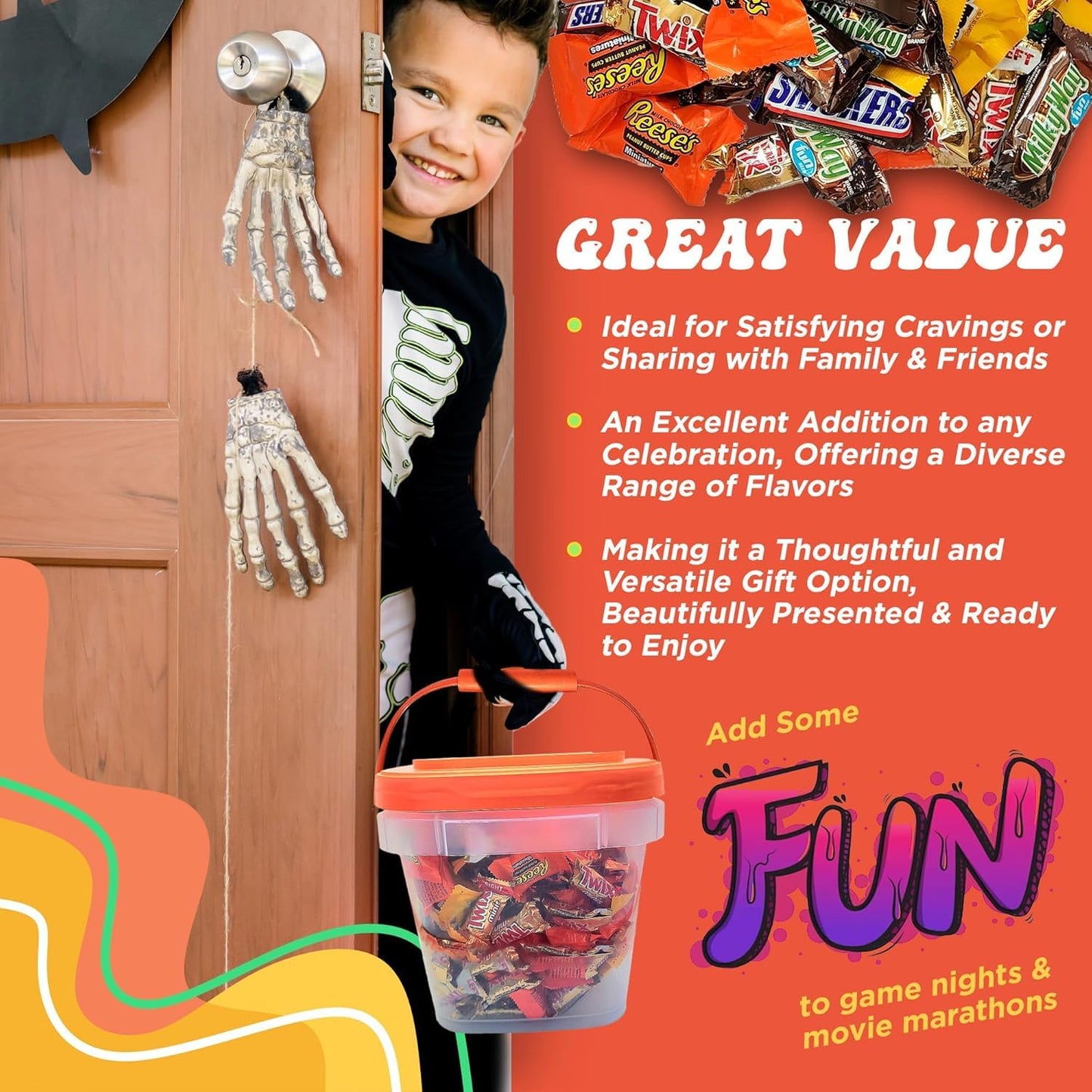 Assorted Halloween Chocolate Candy Mix Reclosable Bag - Ideal for Any Occasion Mini Chocolate Bars - Individually Wrapped Chocolate for Party Favors, Dessert Tables & More - 7Lbs