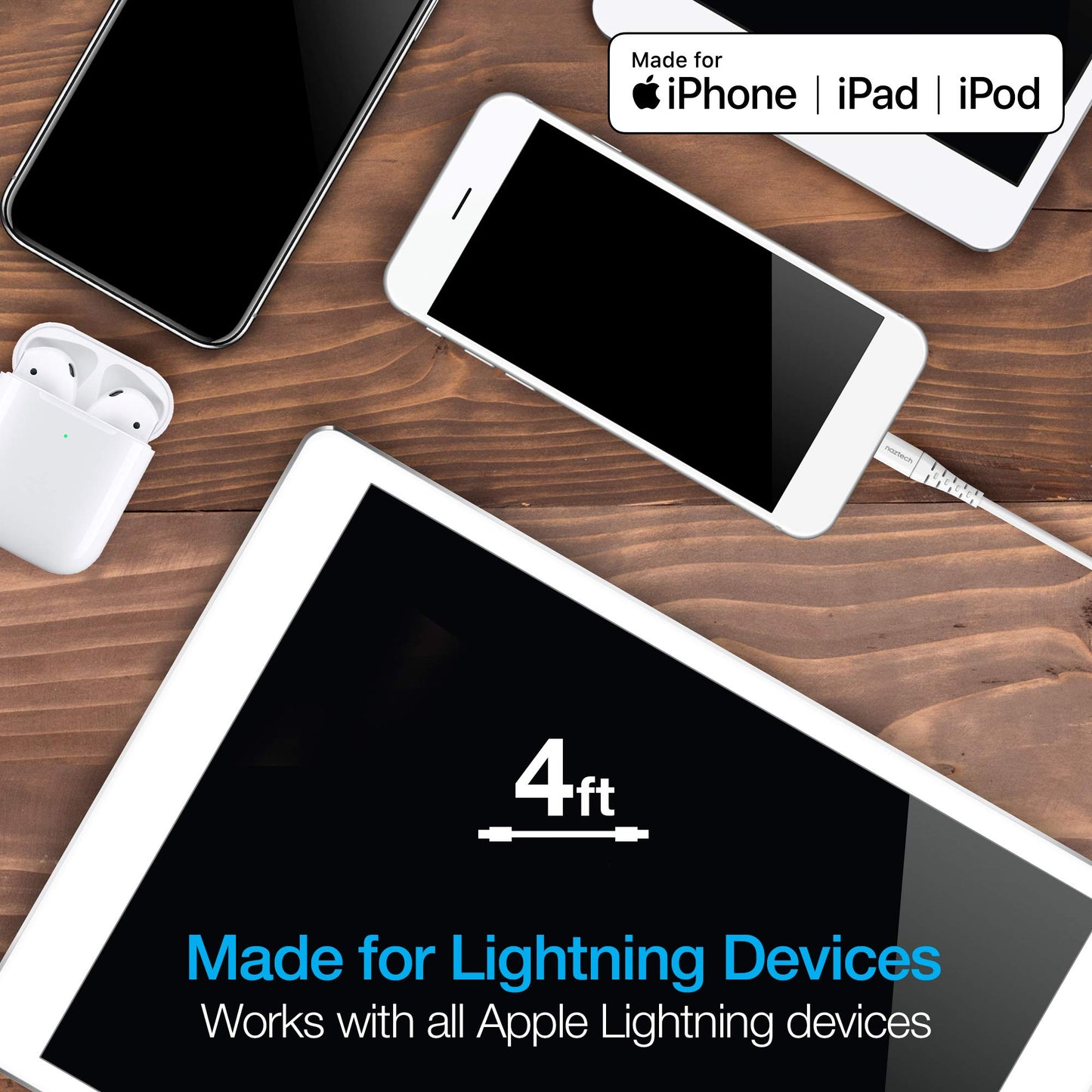 USB-C PD to Lightning Charger Cable [4ft Apple MFi Certified] Naztech Power Delivery Fast Charging & Data Transfer Rounded Cable, Compatible for iPhone 14/13/12/Pro Max/Pro, iPads & More [White] 14138