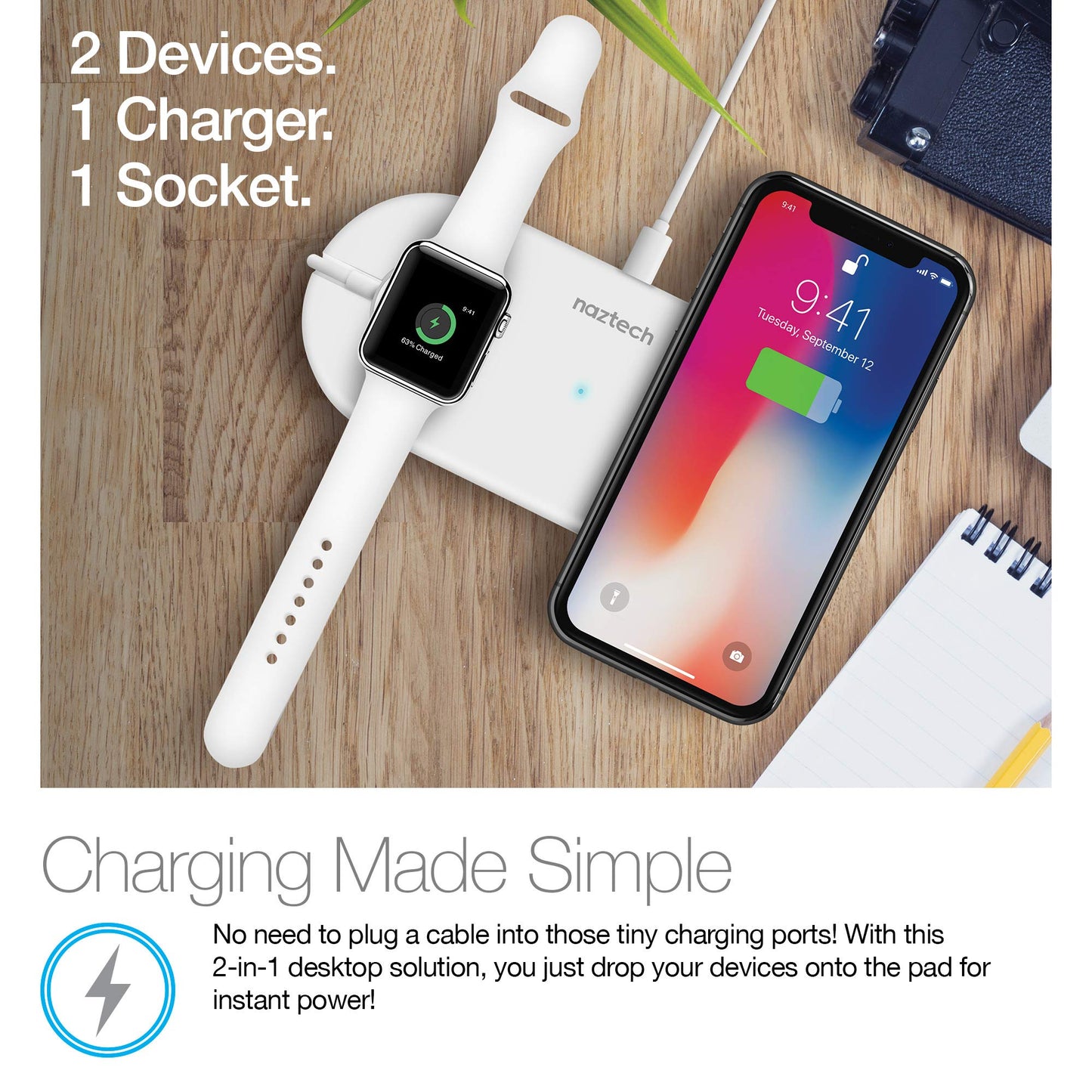 Naztech Power Pad Duo 2-in-1 Desktop Wireless Charging Pad + iWatch Compatible for iPhone 14/13/12/Pro/ProMax, Galaxy S23/S22/S21 & More [White] 14602