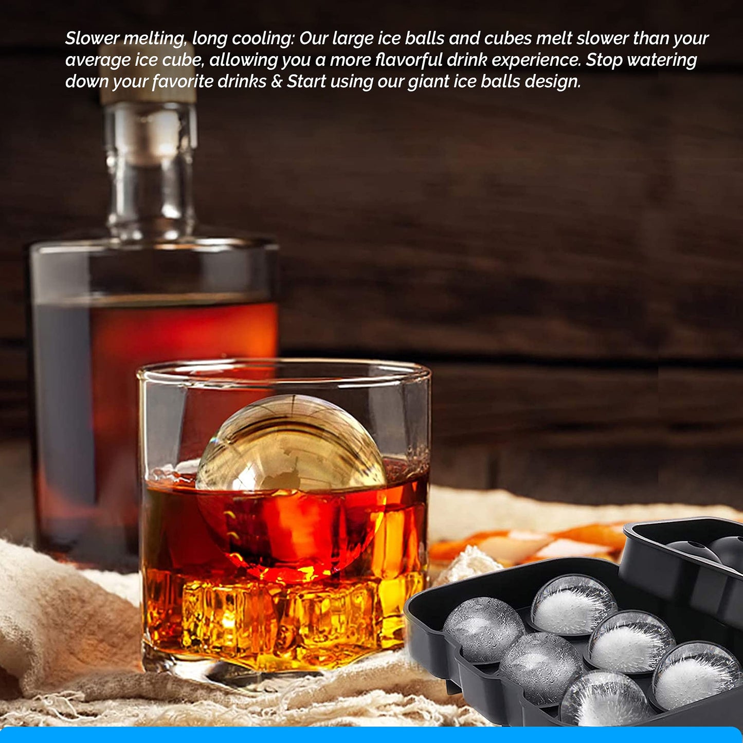 Ice Cube Trays Silicone (Set of 2) Whiskey Ice Ball Mold, Large Ice Ball Maker Mold, Round Ice Cube Mold, Sphere Ice Cube Mold, Square Large Ice Cube Tray for Cocktails & Bourbon Easy Release BPA Free